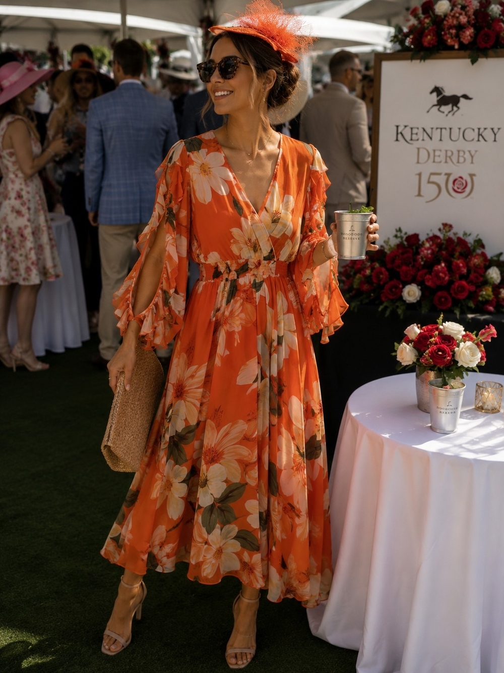 Tropical Floral Orange V-Neck Sheer Maxi Dress
